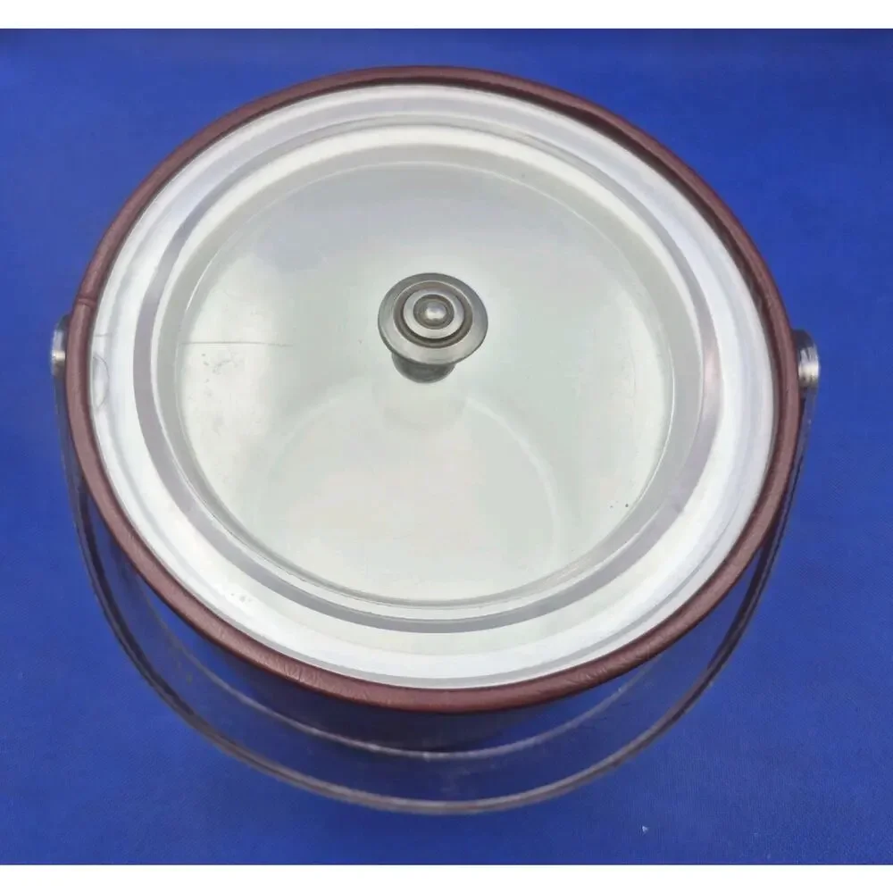 Vintage Georges Briard Brown Leatherette Ice Bucket Lucite Handle & Lid 7x8